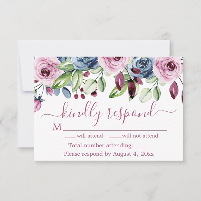 Tarjeta RSVP de Boda Floral de Vino Azul de Marina (Anverso)