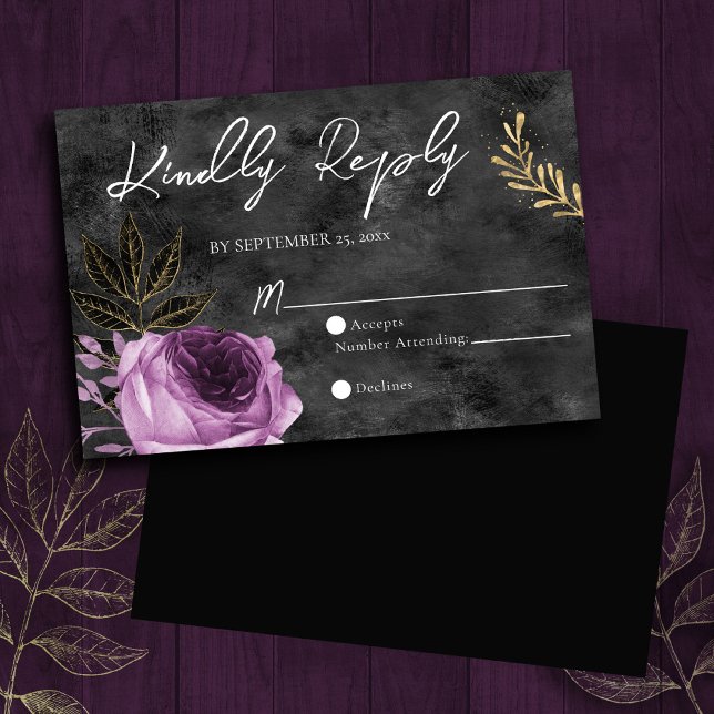 Tarjeta RSVP de Boda floral gótica morada y negra (Subido por el creador)