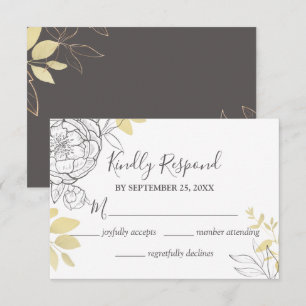 Tarjeta RSVP de Boda Floral Gris y Oro Peony