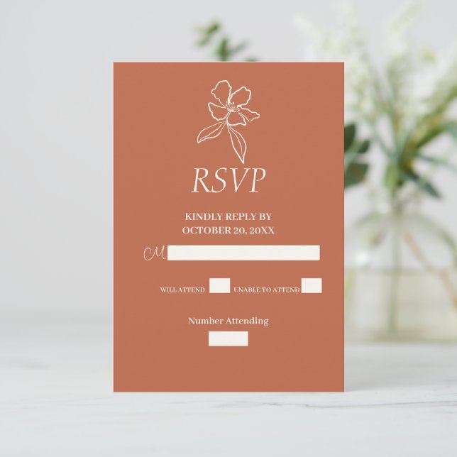 Tarjeta RSVP de boda floral mínima de terracota (Anverso de pie)