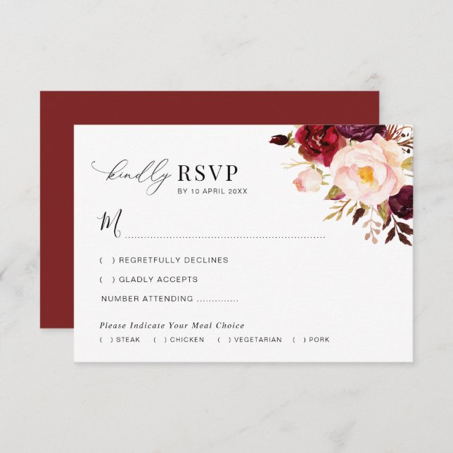 Tarjeta RSVP de Boda Floral Moderna De Borgoña Y R (Anverso / Reverso)