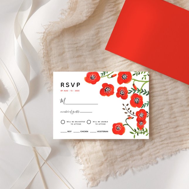 Tarjeta RSVP de boda floral moderna de cacerolas r (Red poppies modern floral wedding RSVP Card)