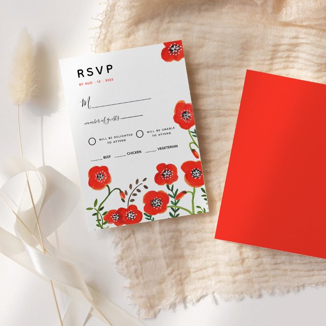 Tarjeta RSVP de boda floral moderna de cacerolas r (Red poppies modern floral wedding RSVP Card)