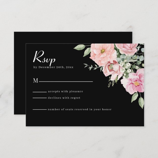 Tarjeta RSVP de boda floral moderna en negro y ros (Anverso / Reverso)