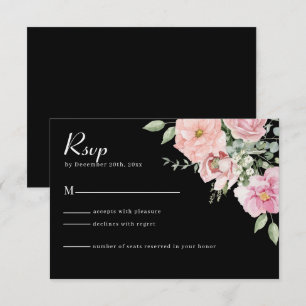 Tarjeta RSVP de boda floral moderna en negro y ros