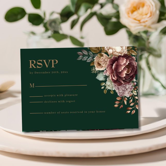 Tarjeta RSVP de boda floral moderna verde esmerald (Subido por el creador)