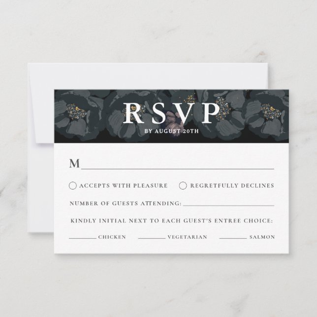 Tarjeta RSVP de Boda Floral Moody en blanco y negr (Anverso)