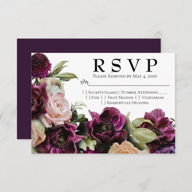 Tarjeta RSVP de Boda Floral Morada Oscura Moody Vi (Anverso / Reverso)