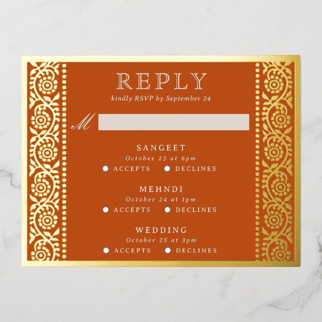 Tarjeta RSVP de boda floral multievento de Relieve (Anverso)