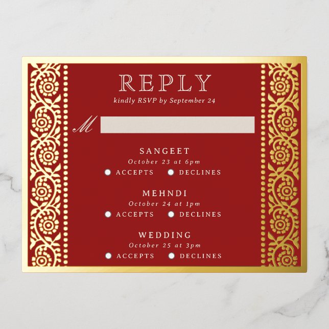 Tarjeta RSVP de boda floral multievento de Relieve (Anverso)