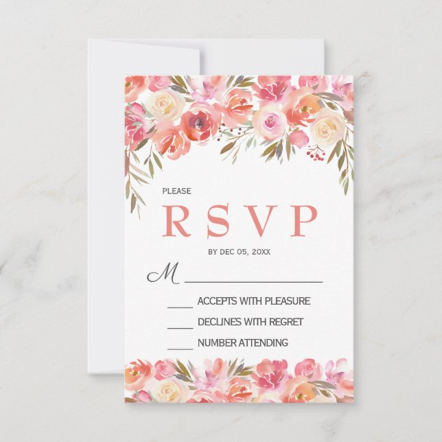 Tarjeta RSVP de Boda Floral Pastel Rosa Rosa (Anverso)