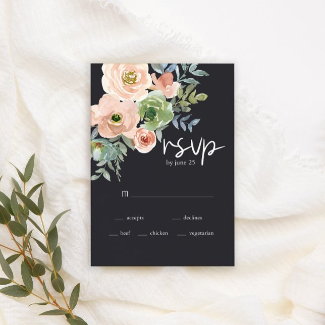 Tarjeta RSVP de Boda Floral Peach Green Navy Paste (Subido por el creador)