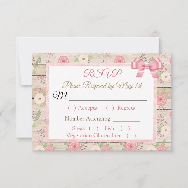 Tarjeta RSVP de boda floral PInk and tan Rustic Wo (Anverso)