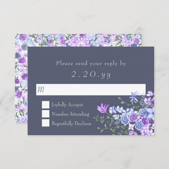 Tarjeta RSVP de Boda Floral Purple & Grey Calligra (Anverso / Reverso)