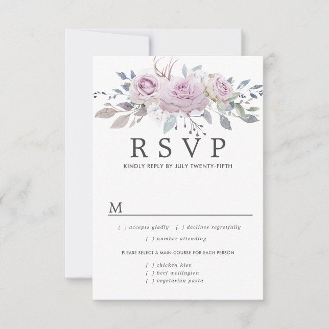 Tarjeta RSVP de Boda Floral Púrpura, Opciones de C (Anverso)