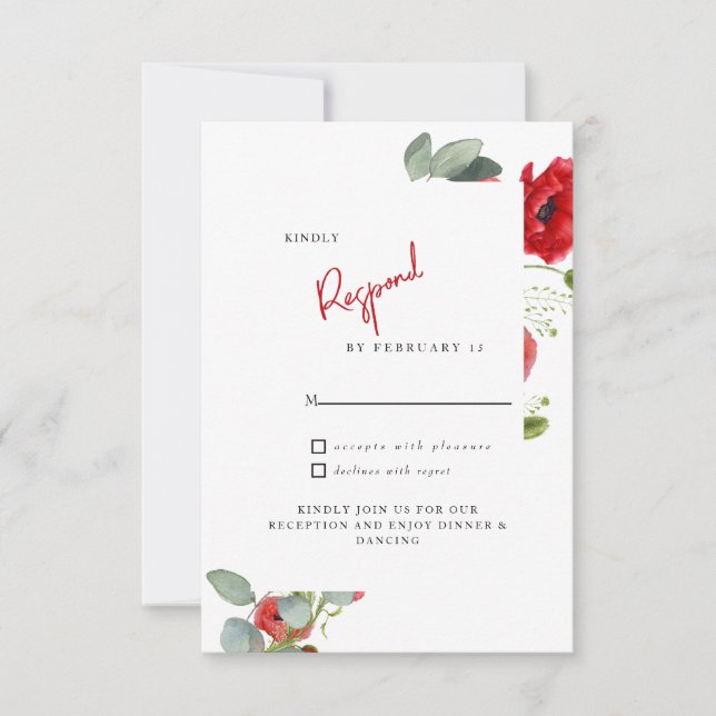 Tarjeta RSVP de boda floral roja (Anverso)