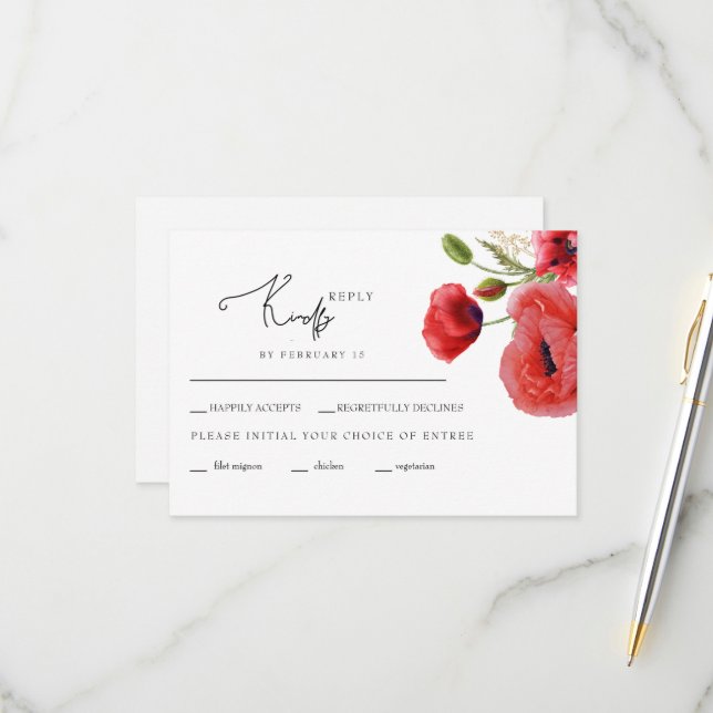 Tarjeta RSVP de boda floral roja (Anverso/Reverso In Situ)