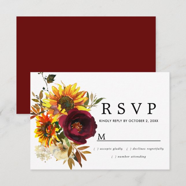 Tarjeta RSVP de boda floral roja rusa en Borgoña (Anverso / Reverso)
