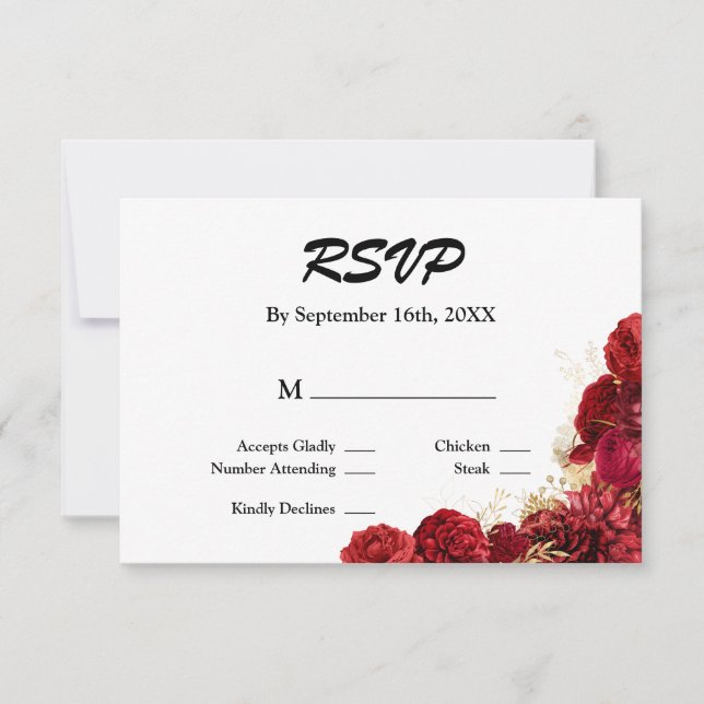 Tarjeta RSVP De Boda Floral Rojo Y Oro (Anverso)