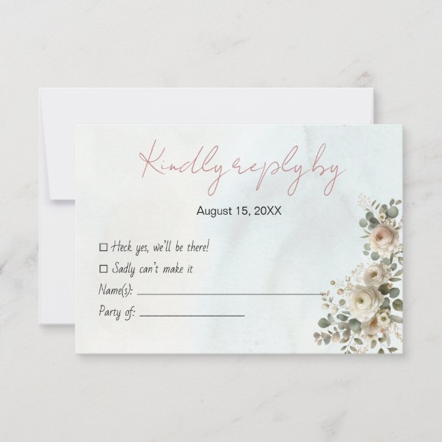 Tarjeta RSVP de boda floral romántica con código Q (Anverso)