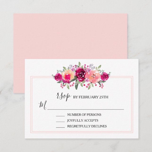 Tarjeta RSVP de boda floral rosa acuarela (Anverso / Reverso)