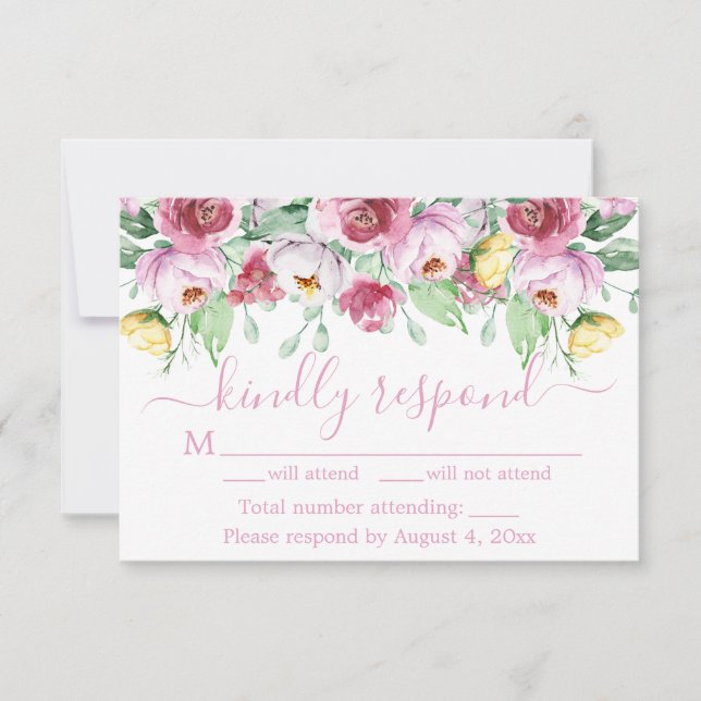 Tarjeta RSVP de boda floral rosa amarilla (Anverso)