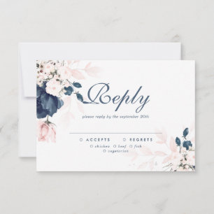Tarjeta RSVP de boda floral rosa azul marino y Rub