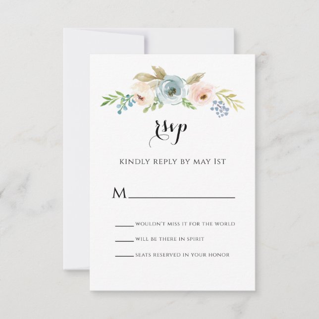 Tarjeta RSVP de boda floral rosa azul y azul turbi (Anverso)