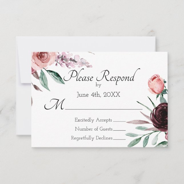 Tarjeta RSVP de Boda Floral Rosa Borgoña y Rubor (Anverso)