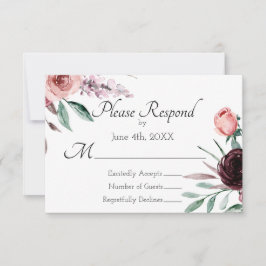 Tarjeta RSVP de Boda Floral Rosa Borgoña y Rubor