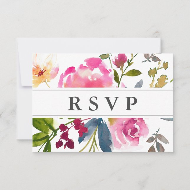Tarjeta RSVP de boda floral rosa con opciones de c (Anverso)