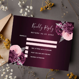 Tarjeta RSVP de boda floral rosa de Borgoña