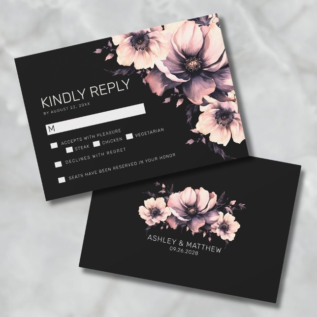 Tarjeta RSVP de boda floral rosa negra (Black Pink Floral Wedding RSVP Card)