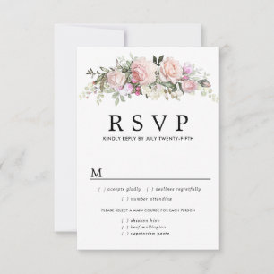 Tarjeta RSVP de boda floral rosa, opciones de comi