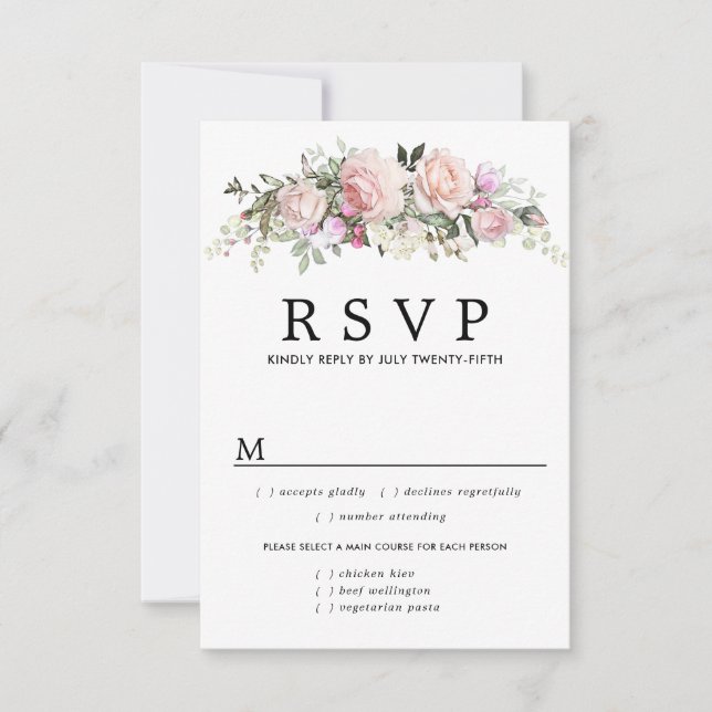 Tarjeta RSVP de boda floral rosa, opciones de comi (Anverso)