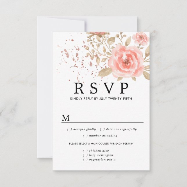 Tarjeta RSVP de boda floral rosa, opciones de comi (Anverso)