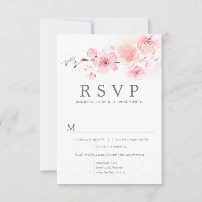 Tarjeta RSVP de boda floral rosa, opciones de comi (Anverso)
