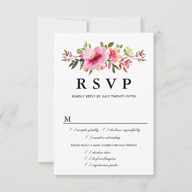 Tarjeta RSVP de boda floral rosa, opciones de comi (Anverso)