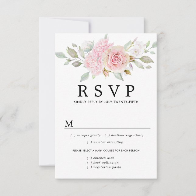 Tarjeta RSVP de boda floral rosa, opciones de comi (Anverso)