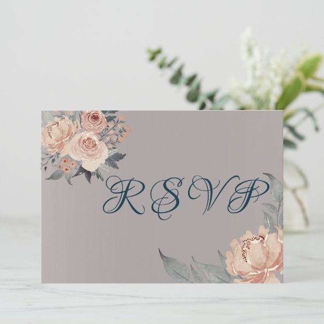 Tarjeta RSVP de Boda Floral Rosa Romántica de Oro  (Anverso de pie)