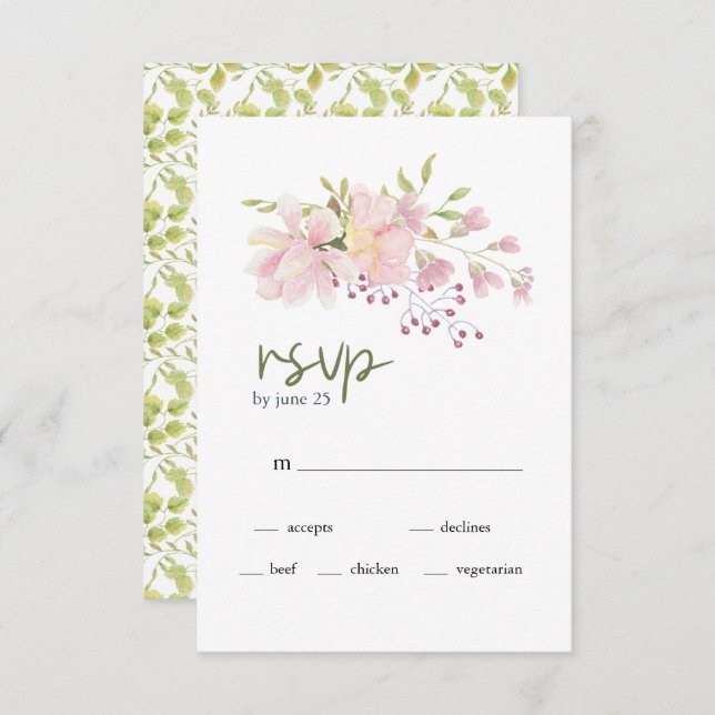 Tarjeta RSVP de boda floral rosa Rubor Magnolia (Anverso / Reverso)