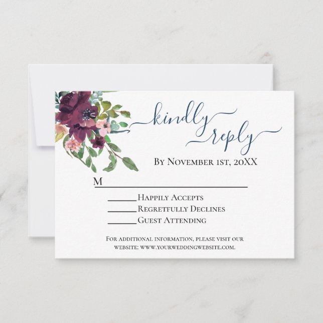 Tarjeta RSVP de Boda Floral Rustica Azul y Borgoña (Anverso)