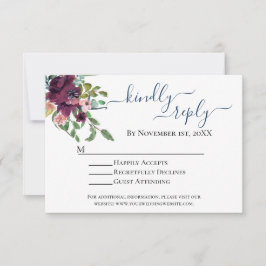 Tarjeta RSVP de Boda Floral Rustica Azul y Borgoña