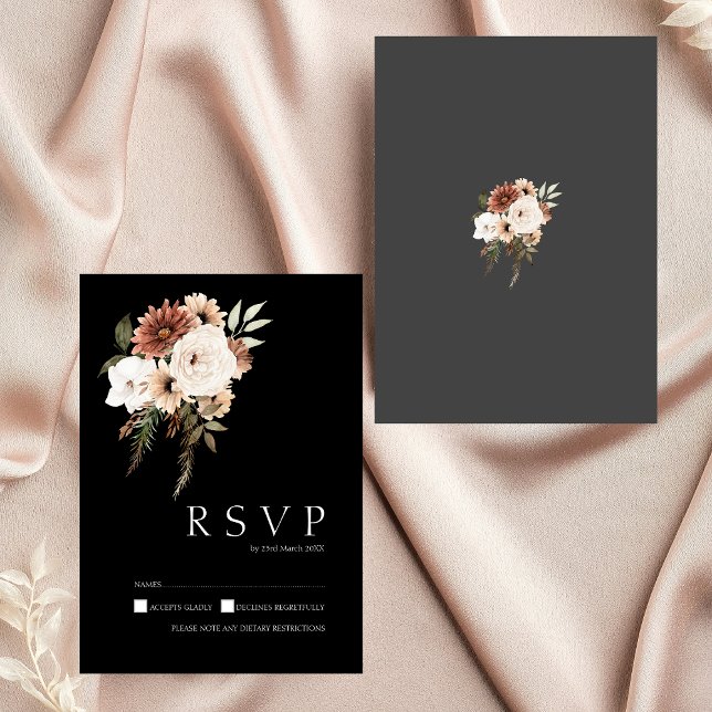 Tarjeta RSVP de Boda Floral Rustica Negra y Peach (Rustic Black and Peach Floral Wedding RSVP Card)