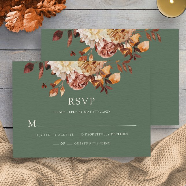 Tarjeta RSVP de Boda Floral Sage Green Fall (Sage Green Fall Copper Floral Wedding RSVP Card by Painted Paperie
)