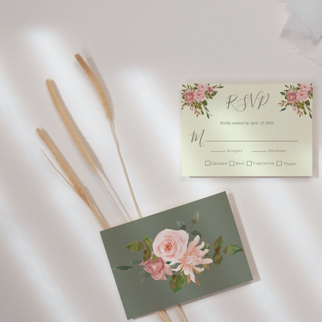 Tarjeta RSVP de boda floral Sage Green y Rubor (Subido por el creador)