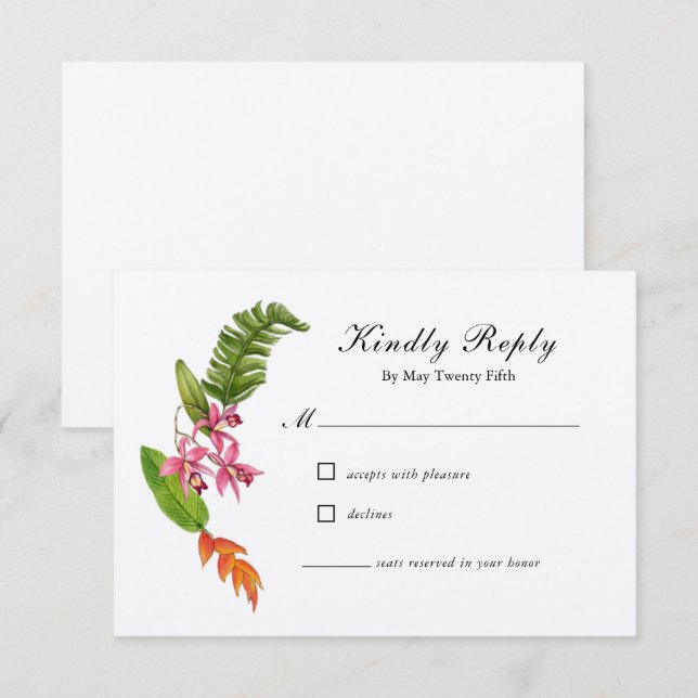 Tarjeta RSVP de boda floral tropical (Anverso / Reverso)