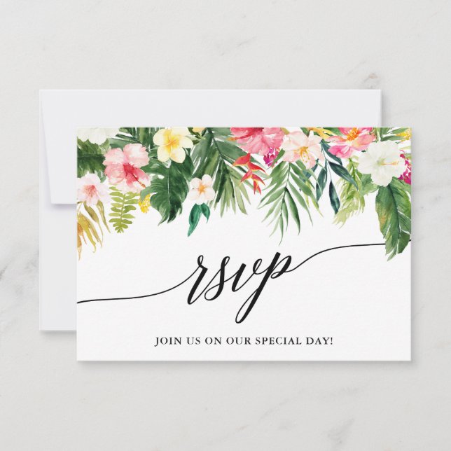 Tarjeta RSVP de boda floral tropical caligráfica (Anverso)