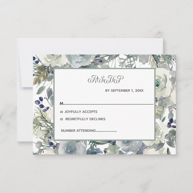 Tarjeta RSVP de boda floral verde azul (Anverso)