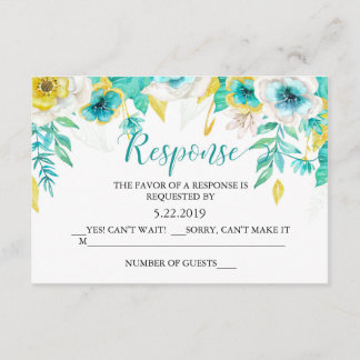 Tarjeta RSVP de boda floral Verde azulada Aqua